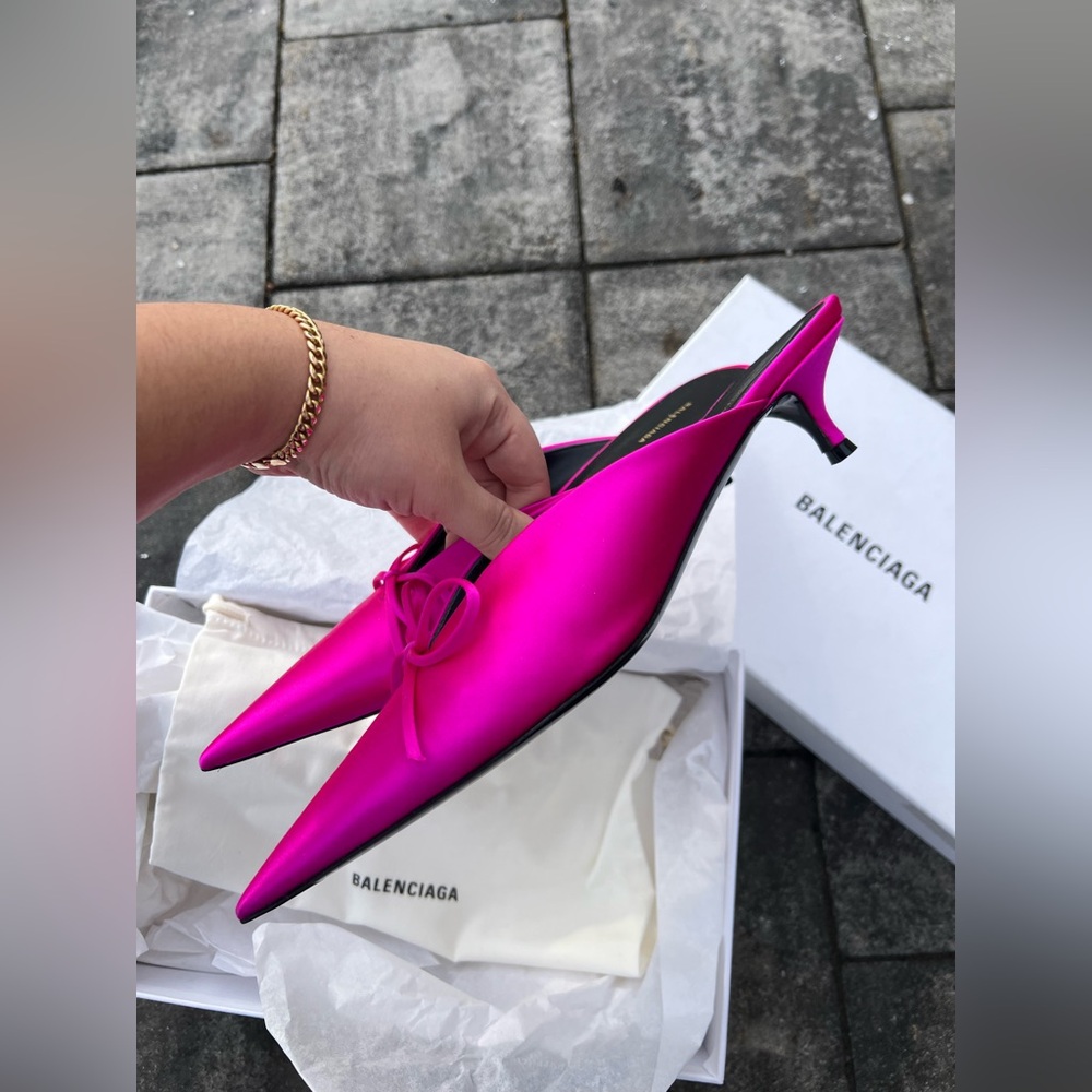 BALENCIAGA Knife Bow Satin Fuchsia Mules - Size 38.5 - NEW - Picture 11 of 17